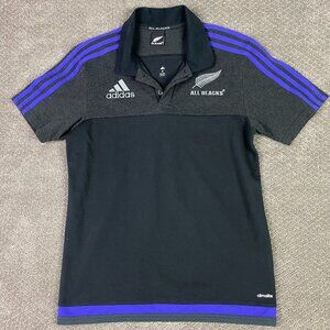Adidas New Zealand All Blacks Rugby Polo Shirt Men's Medium Black Gray Blue